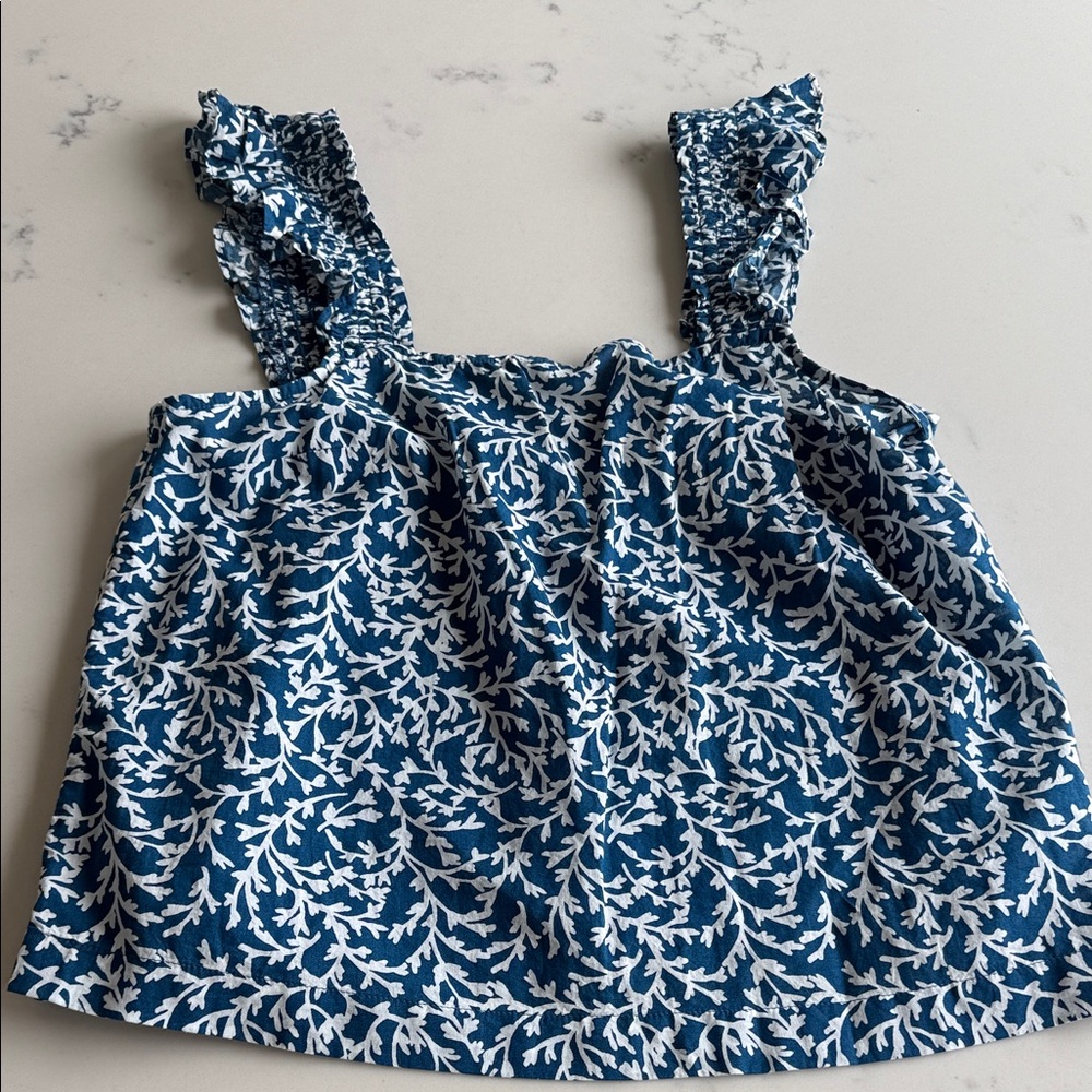 NWOT J. Crew Factory Blue & White Coral Print Ruffle Strap Tank